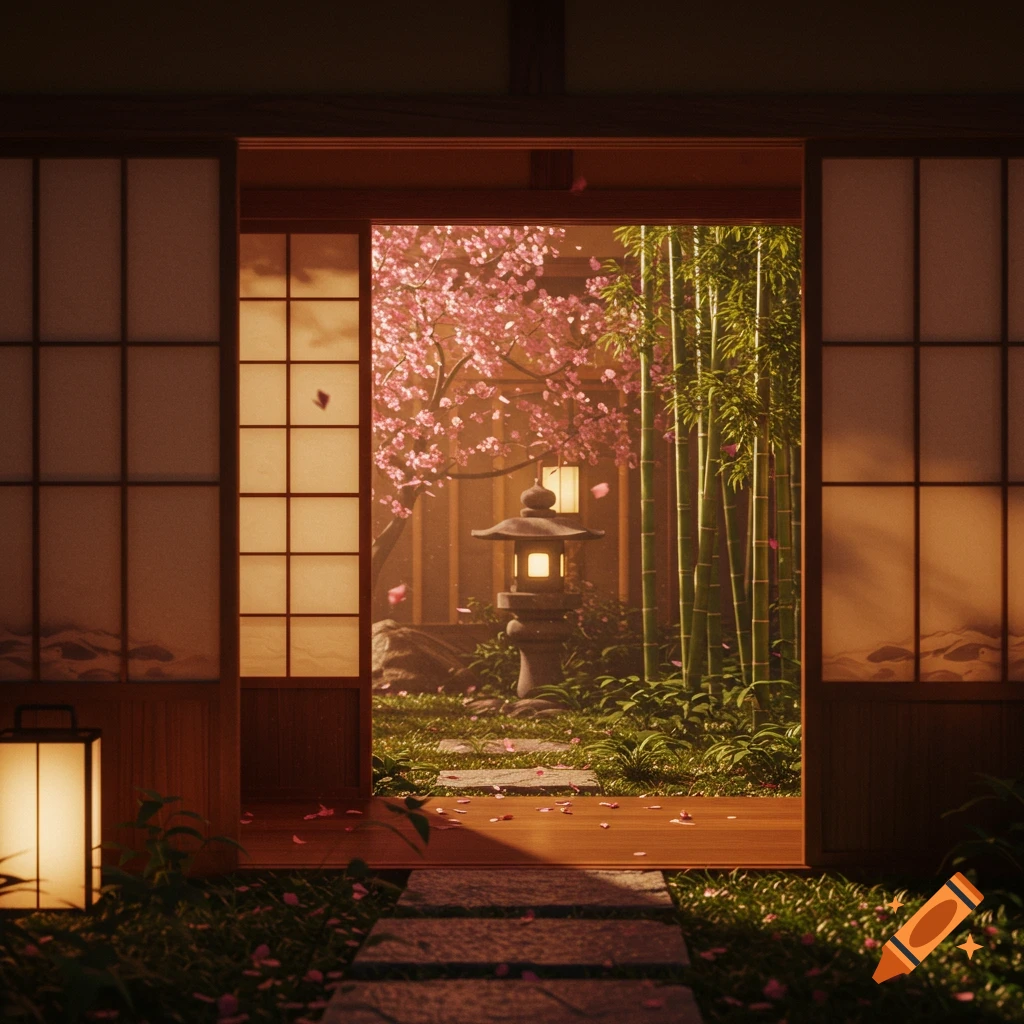A peaceful Japanese garden with cherry blossoms, bamboo, and a stone lantern, seen through a partially open shōji door.