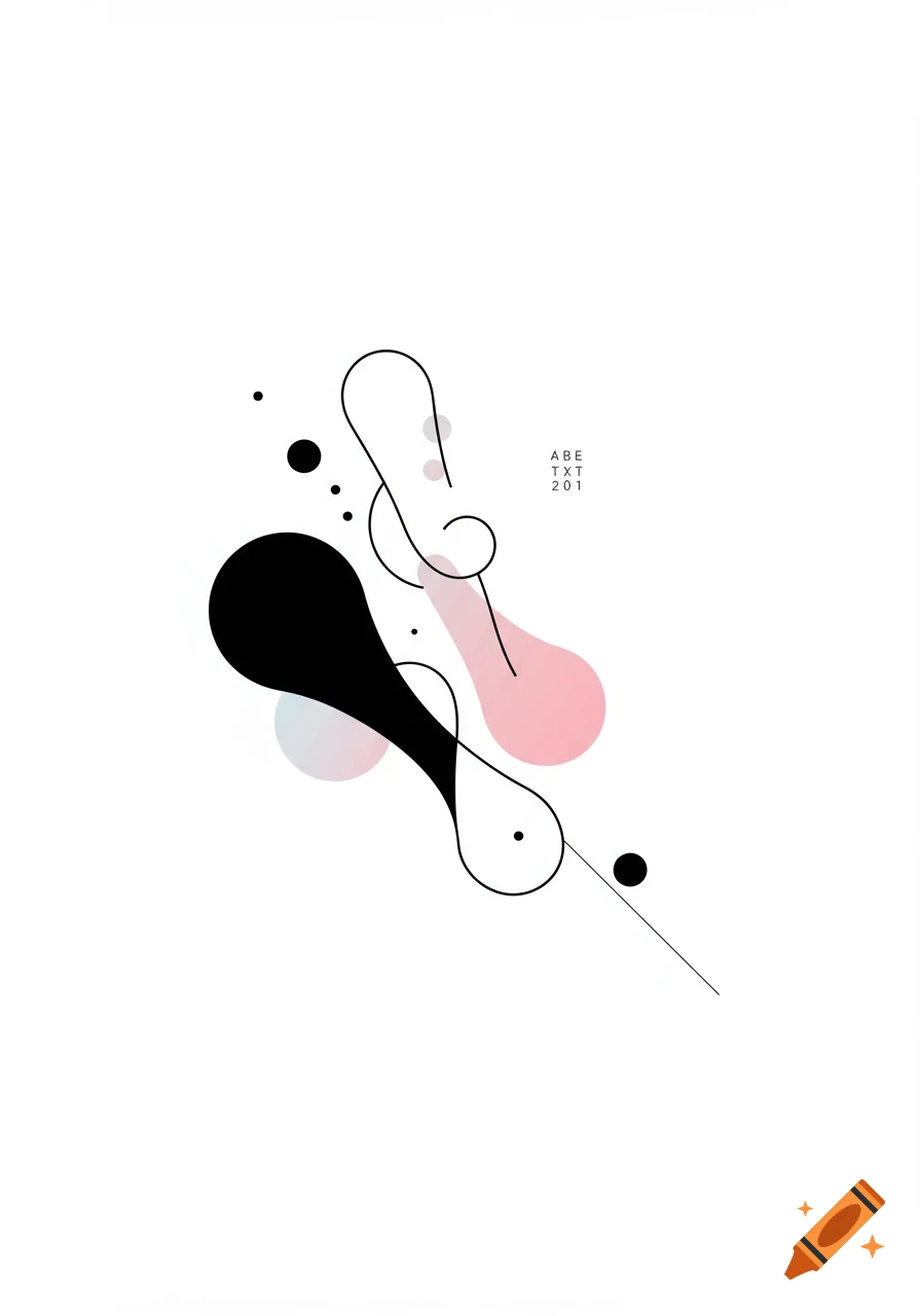 Minimalist abstract design with black, pink, and blue amorphous shapes, fine lines, and dots on a white background.