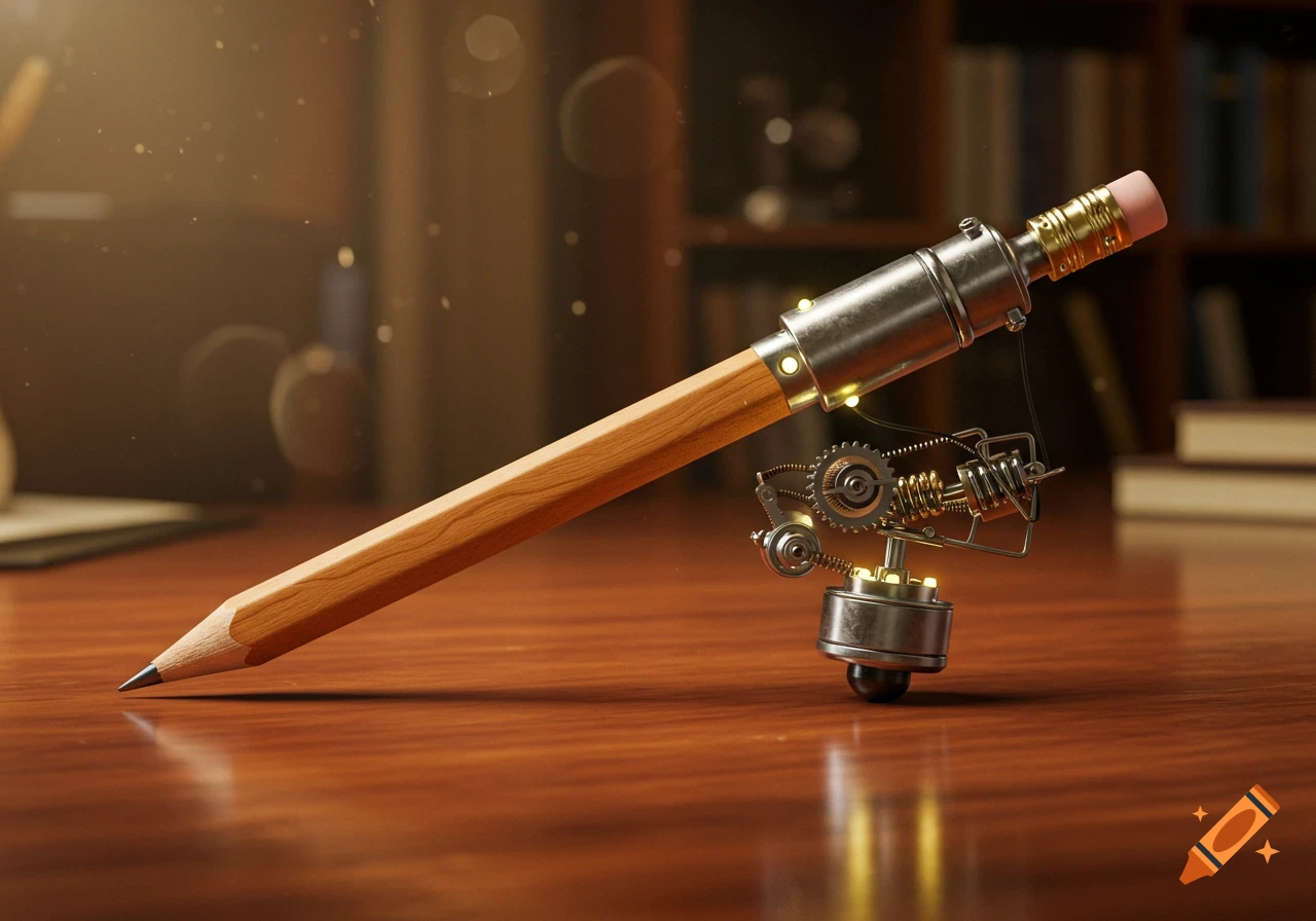 A photorealistic wooden pencil with steampunk gears and machinery attached to its back, on a polished desk.