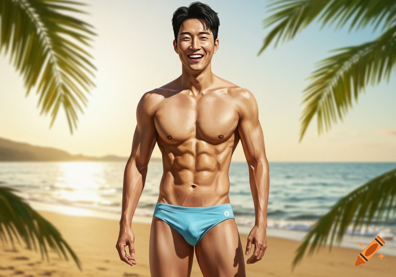 Muscular Asian man in a periwinkle speedo smiles on a sunny beach, framed by palm leaves. Photorealistic illustration.