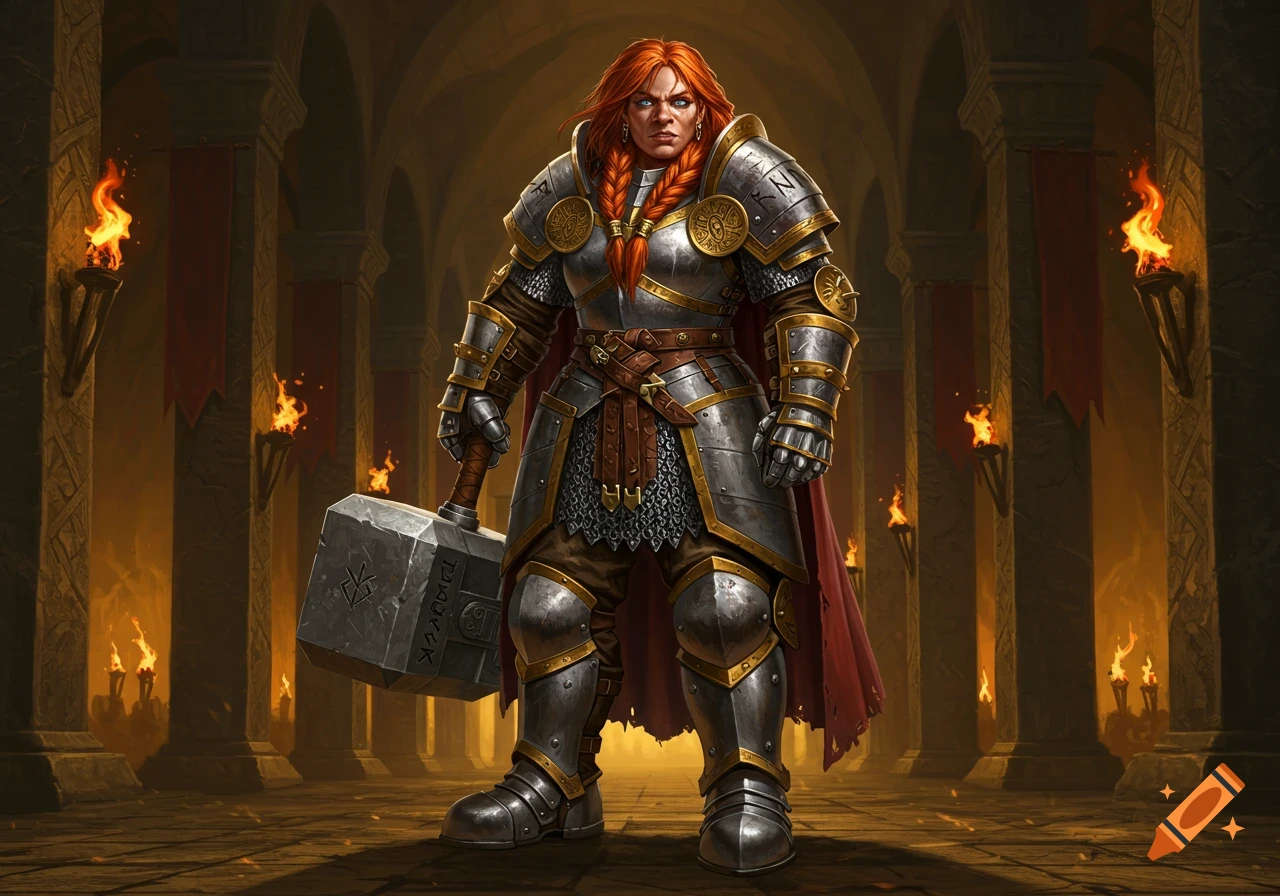 A female dwarf warrior in full plate armor with red braided hair holds a large hammer in a torch-lit stone hall.