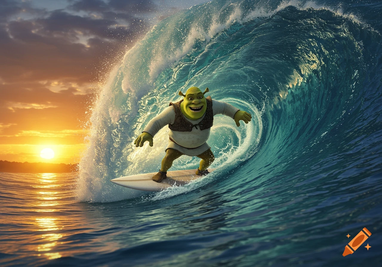 Shrek, the green ogre, smiles as he surfs a massive blue wave at sunset.