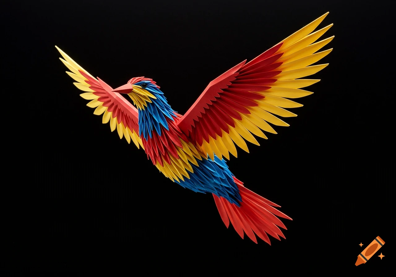 A vibrant paper sculpture of a bird in flight against a solid black background.
