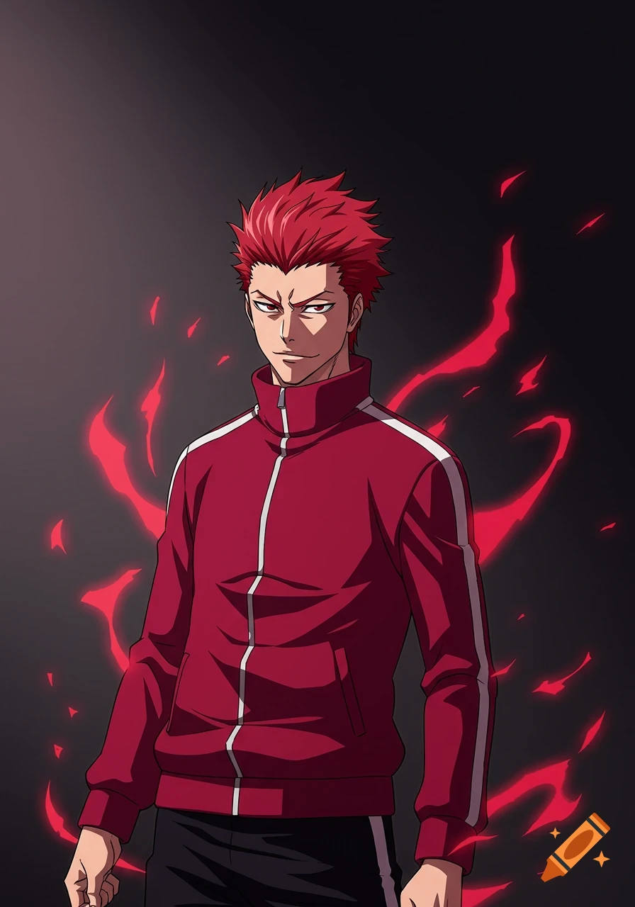 Anime style young man with spiky red hair and a red jacket, surrounded by red glowing energy on a dark background.