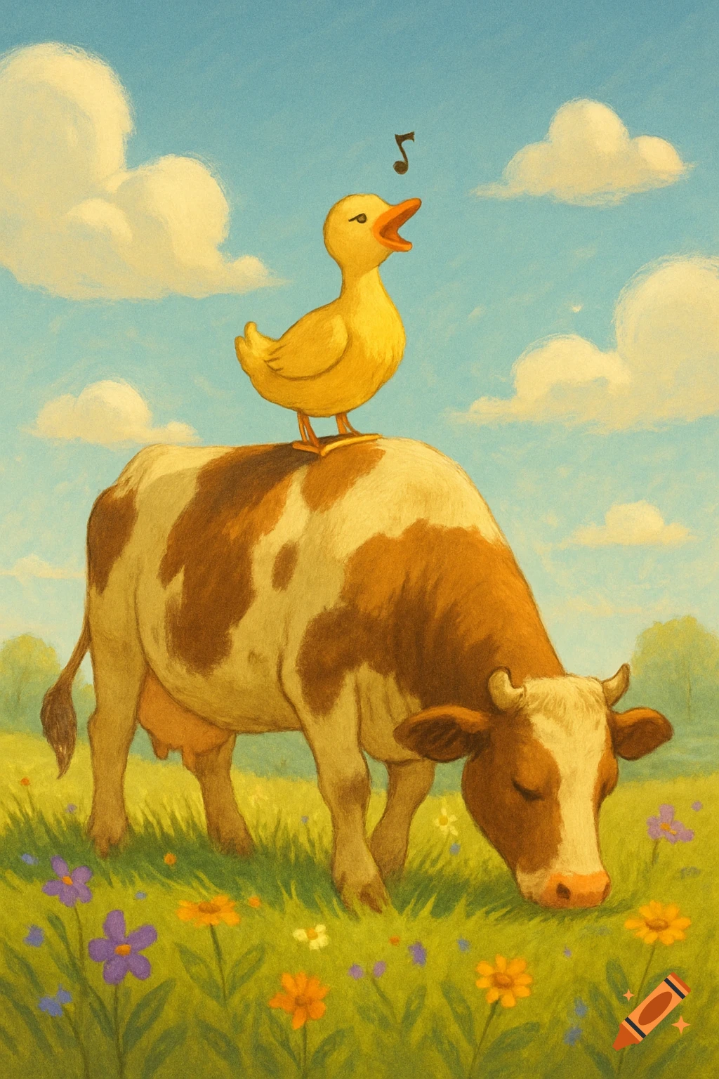 A yellow duck sings atop a brown and white cow grazing in a flower-filled field under a blue sky, in a children's book illustration style.