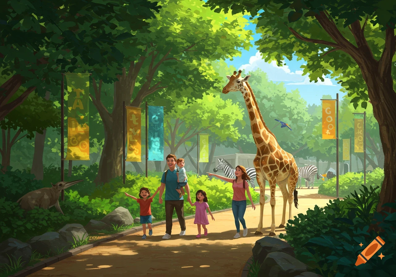 A cartoon family walks through a lush green zoo, smiling at a tall giraffe, with zebras and other animals in the background.