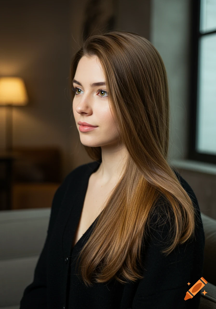 A young woman with long brown hair and a black cardigan looks to the left, a lamp glows in the soft background.