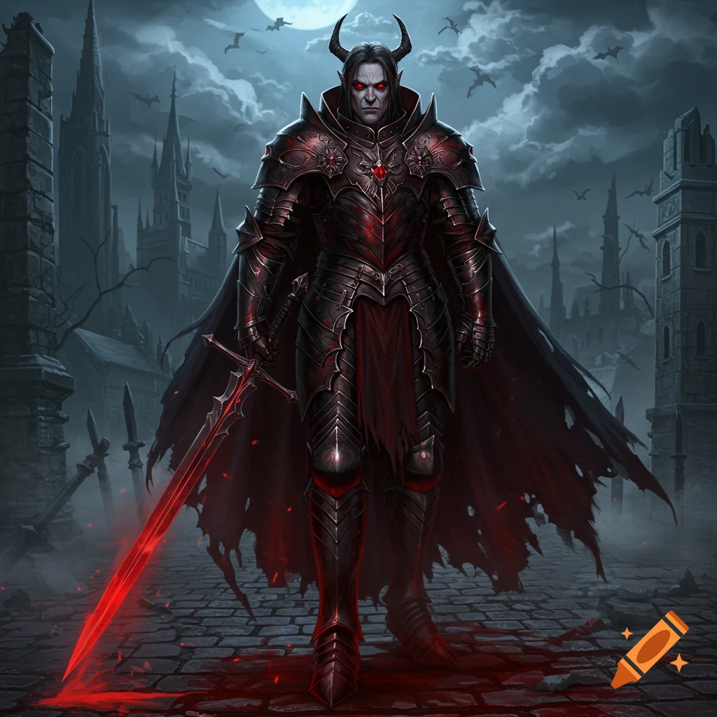 A dark fantasy illustration of a horned vampire lord in black plate armor with glowing red eyes, holding a glowing red sword, standing in moonlit gothic ruins with bats.
