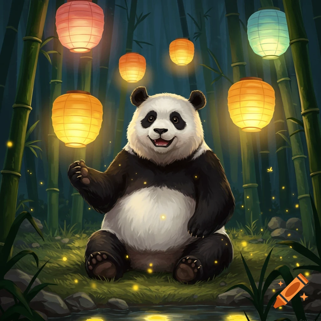 A happy cartoon panda sits in a bamboo forest at night, surrounded by glowing paper lanterns and fireflies.