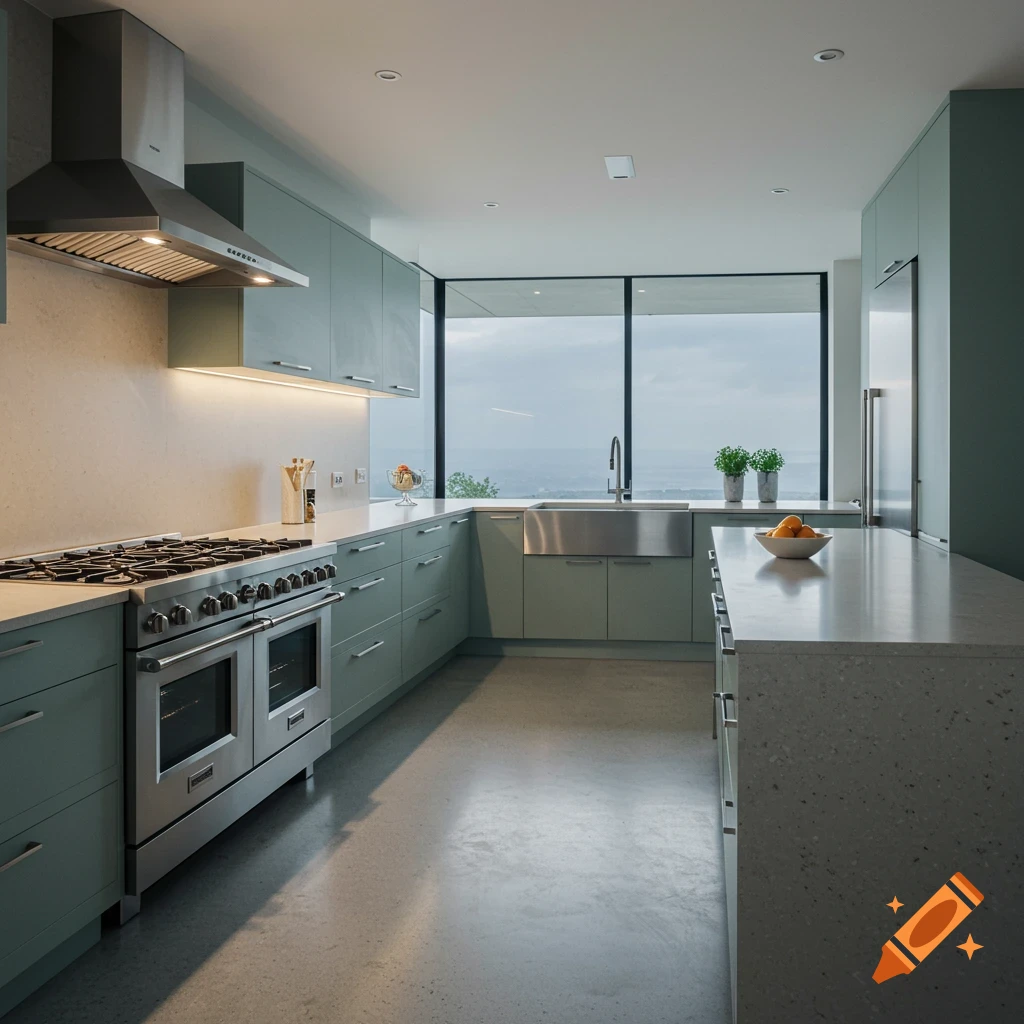 A modern kitchen with light green cabinets, stainless steel appliances, a large window overlooking a landscape, and a kitchen island.