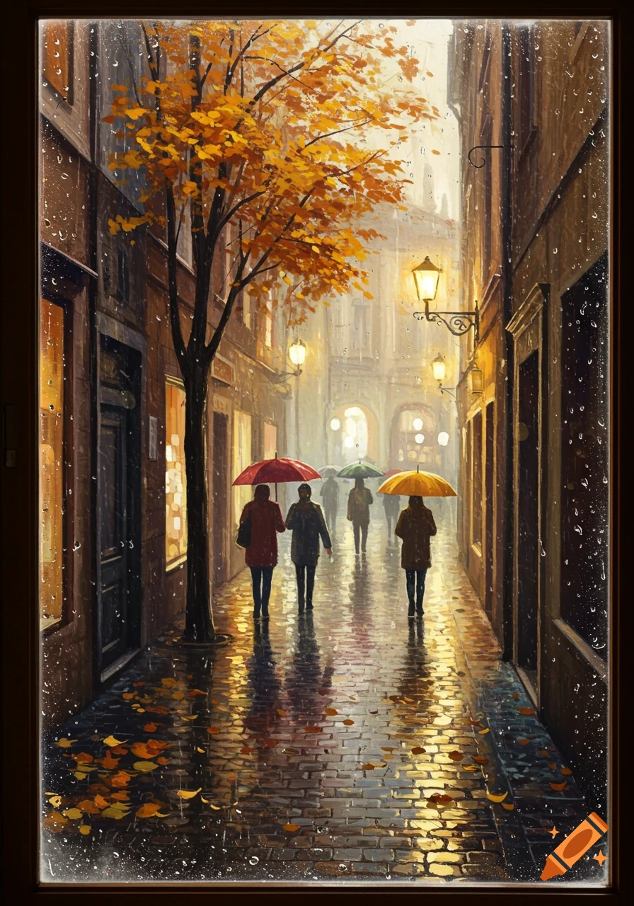 Painterly view of a rainy autumn alley with people holding colorful umbrellas, warm reflections on wet cobblestones.