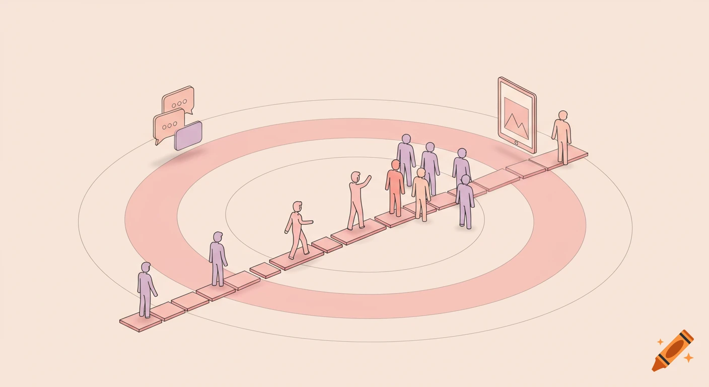 Minimal vector illustration of figures on a path, with chat bubbles, a tablet, and concentric rings, symbolizing collaboration.