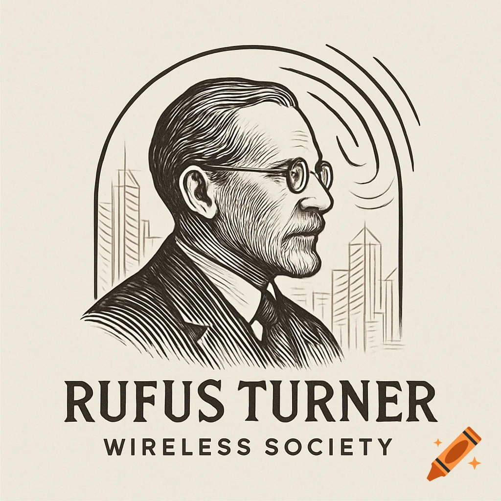 Engraving style logo of Rufus Turner in profile, with a cityscape and radio waves. Text reads 'Rufus Turner Wireless Society'.