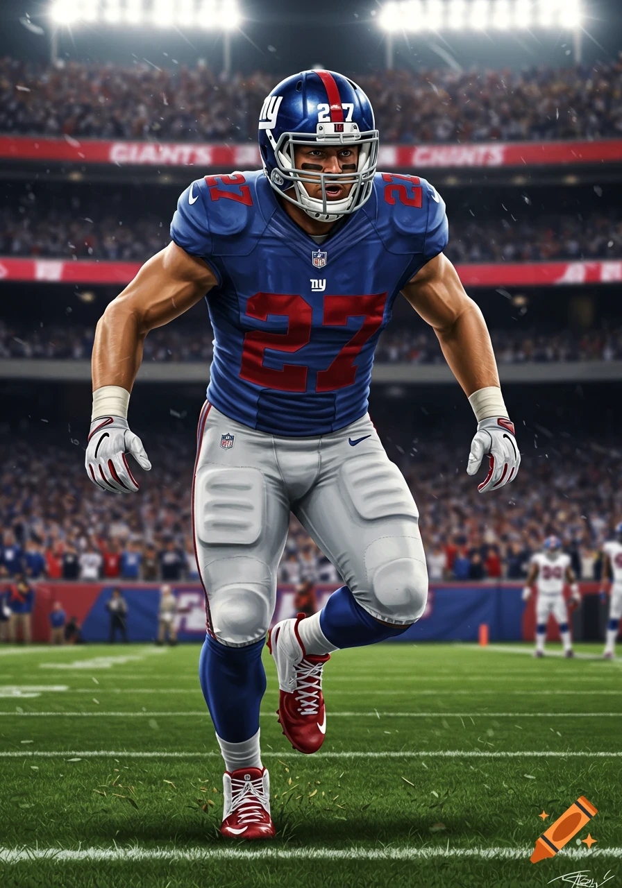 An illustrated football player in a blue New York Giants uniform with number 27, running on a stadium field.