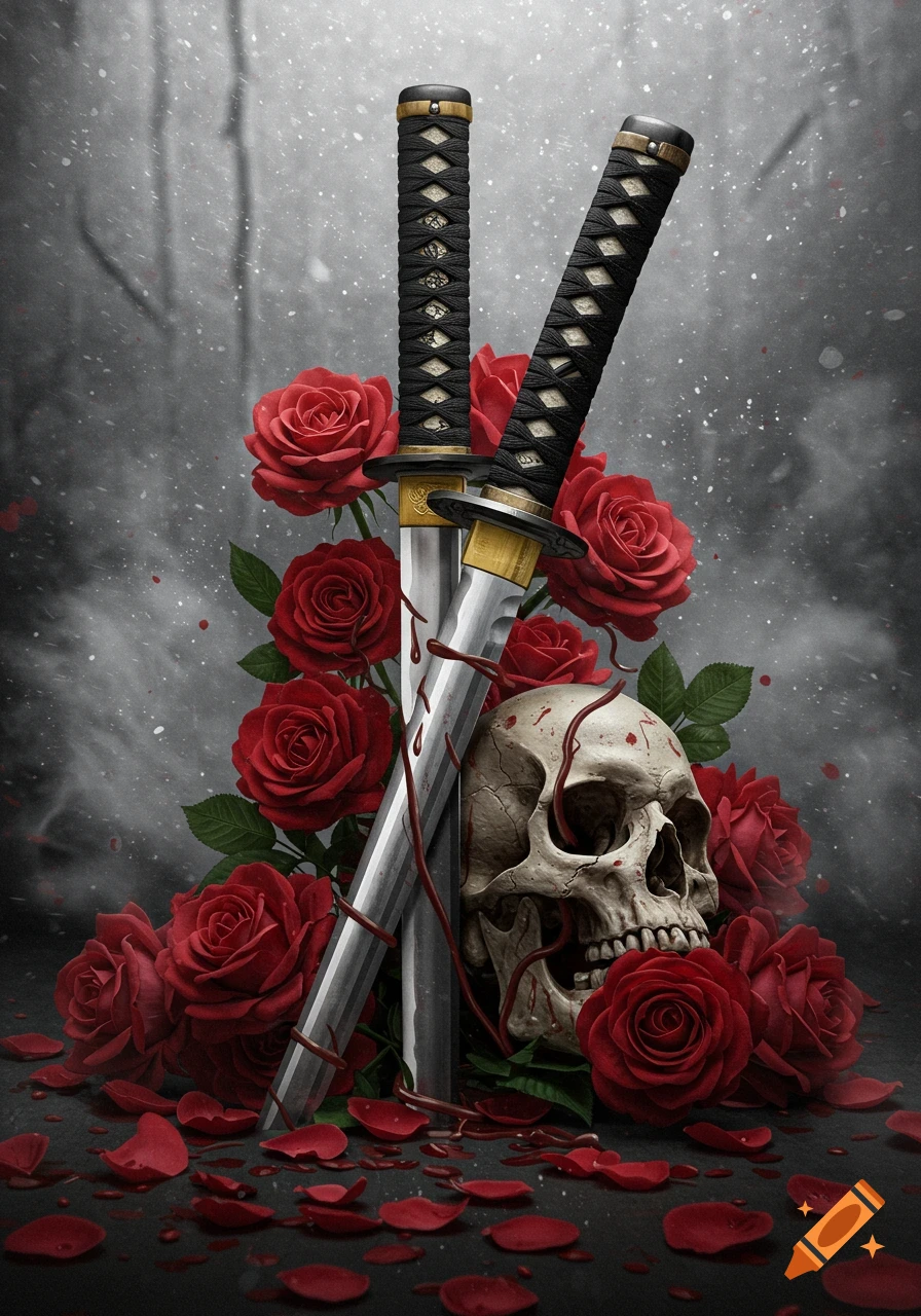 Two samurai swords crossed over a skull, surrounded by red roses and petals with blood, against a dark, dramatic background.