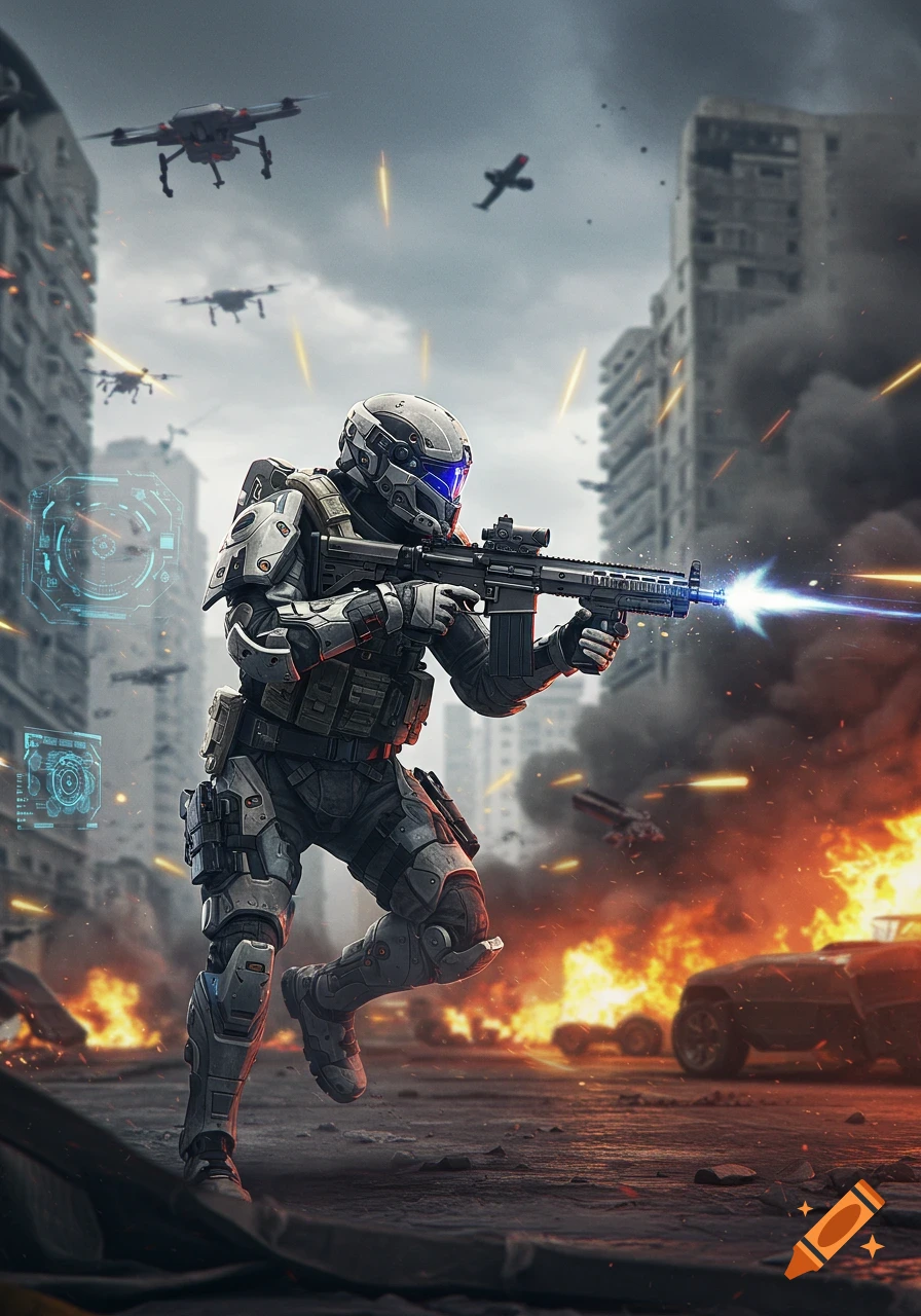 A futuristic soldier in power armor fires a weapon in a war-torn city with drones flying overhead and explosions in the background.