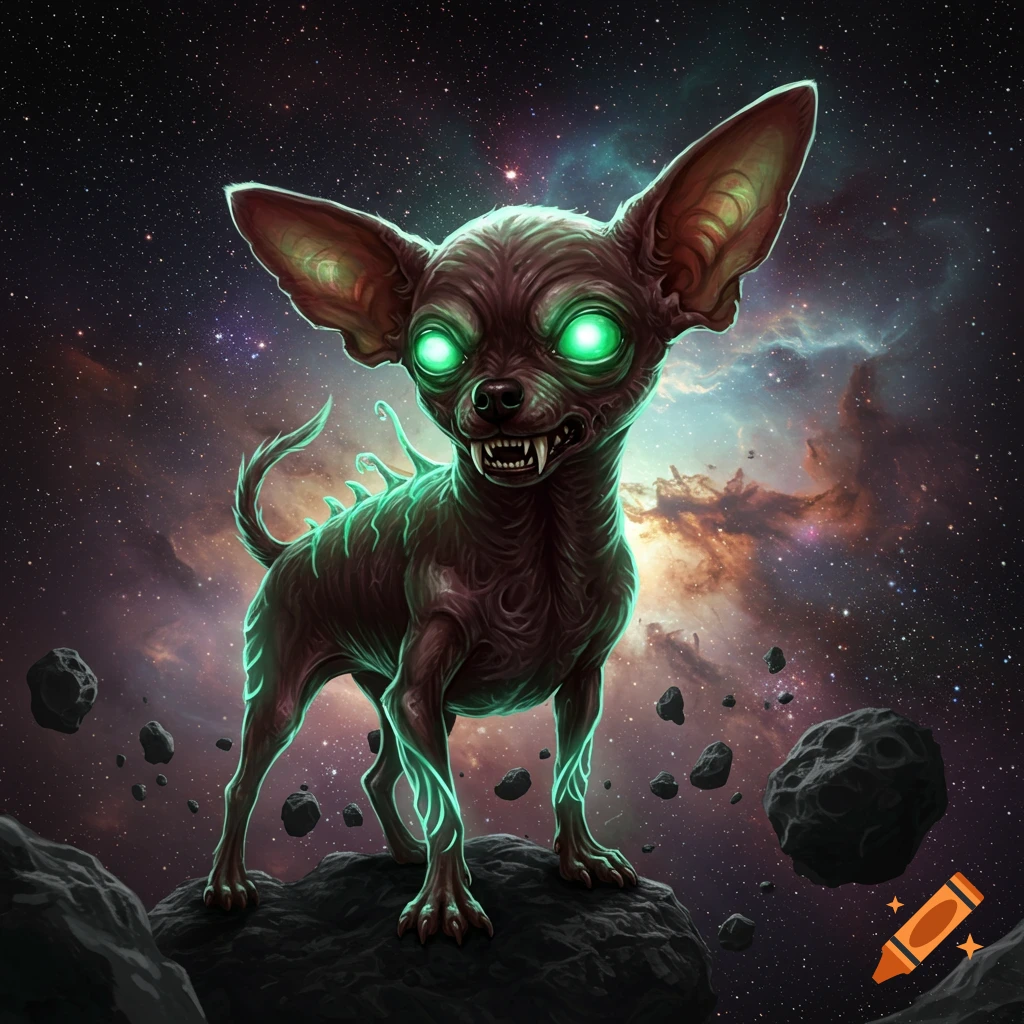A grotesque, hairless chihuahua-like alien with glowing green eyes and fangs stands on a dark asteroid in a vibrant cosmic nebula.