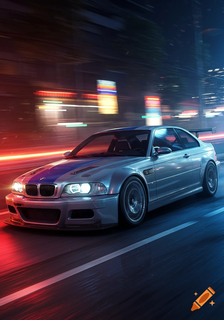 A silver BMW M3 car with blue racing stripes speeding at night, surrounded by blurred red and blue city lights.