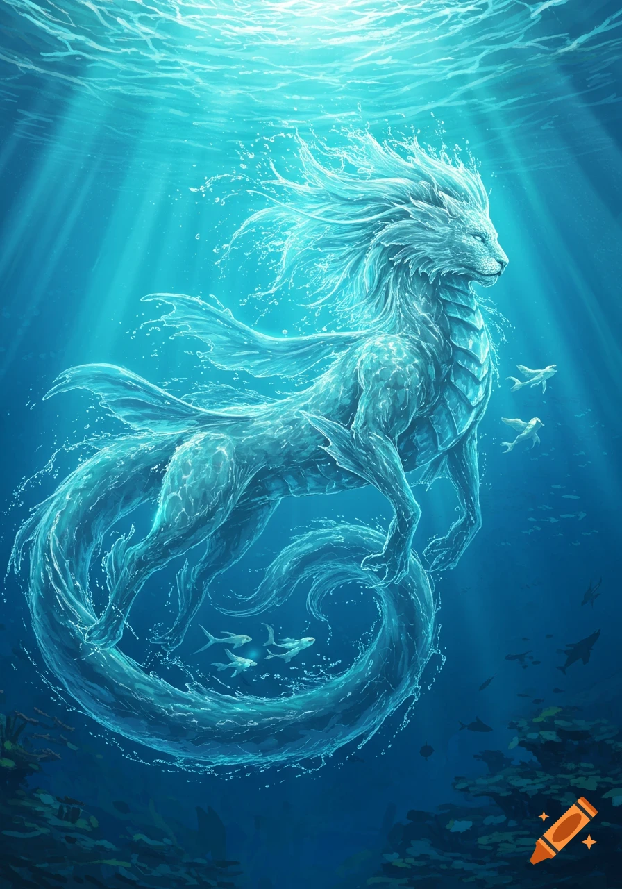A majestic translucent water chimera with a lion's head and a serpentine tail swims underwater amidst rays of light and fish.