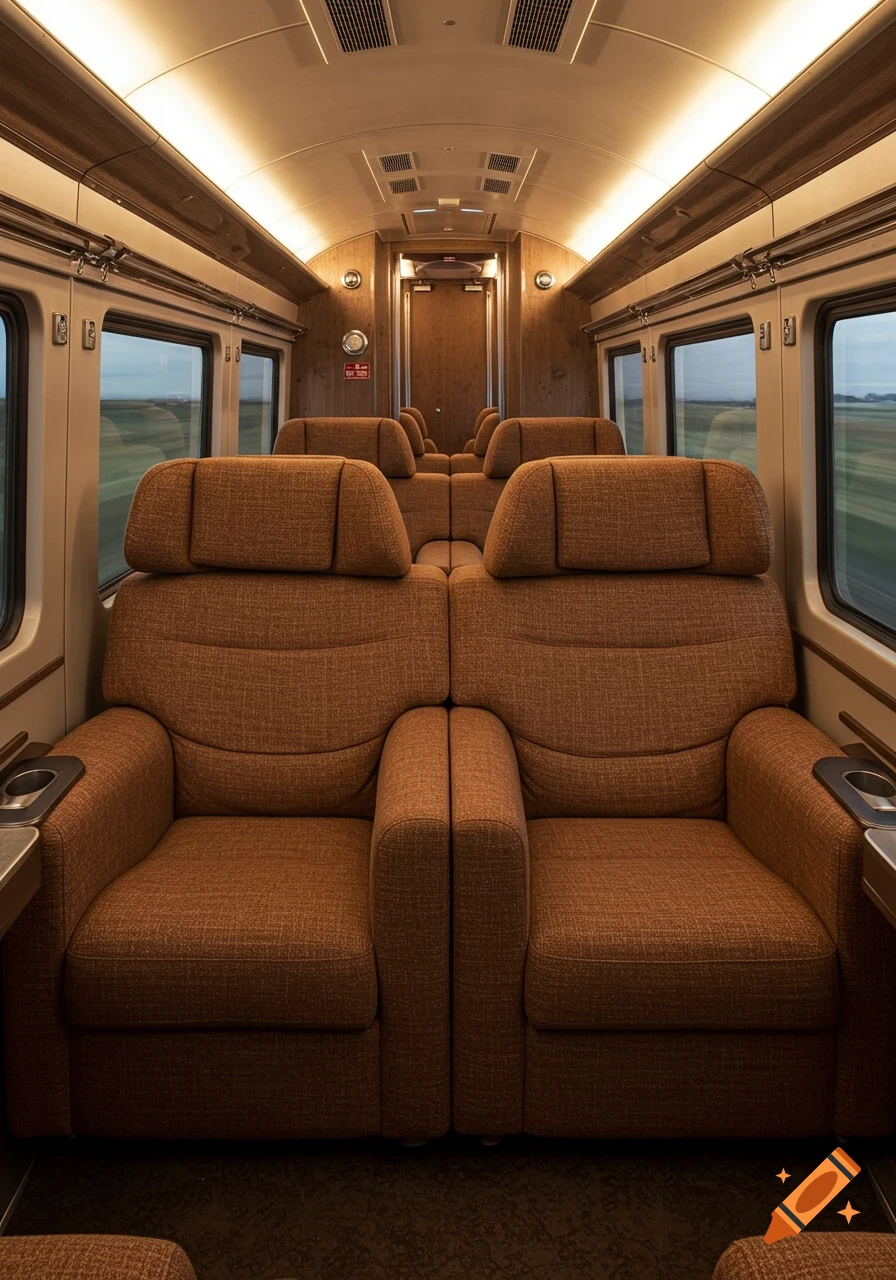 Photorealistic view of a luxurious train interior with rows of comfortable brown armchair-style seats and side tables with cup holders.