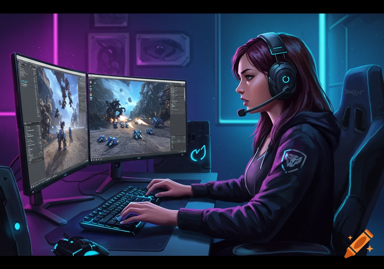 Digital art of a female gamer with a headset playing on a dual monitor setup in a neon-lit room, with game UI on screens.