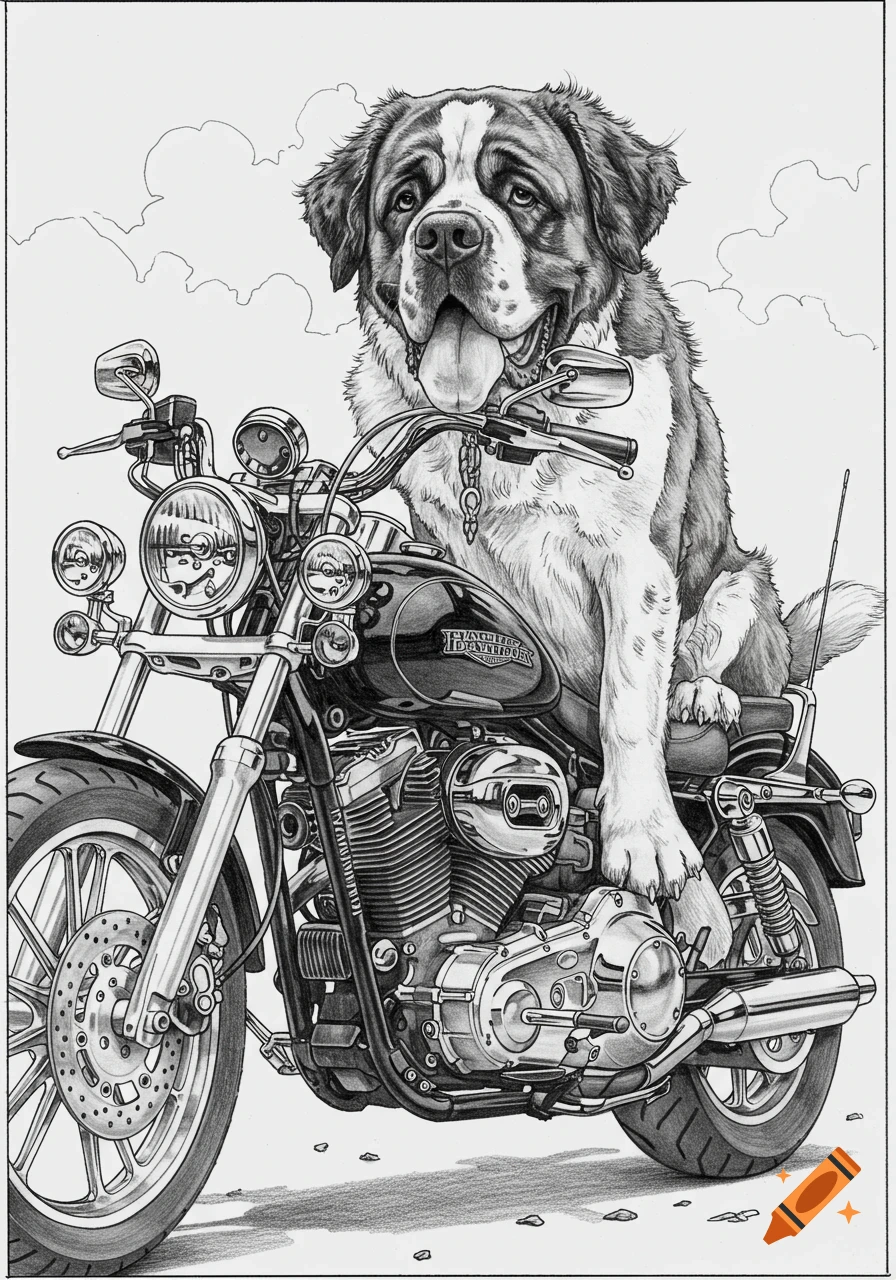 A St. Bernard dog with its tongue out, sitting on a detailed Harley-Davidson motorcycle, drawn in black and white pencil style.