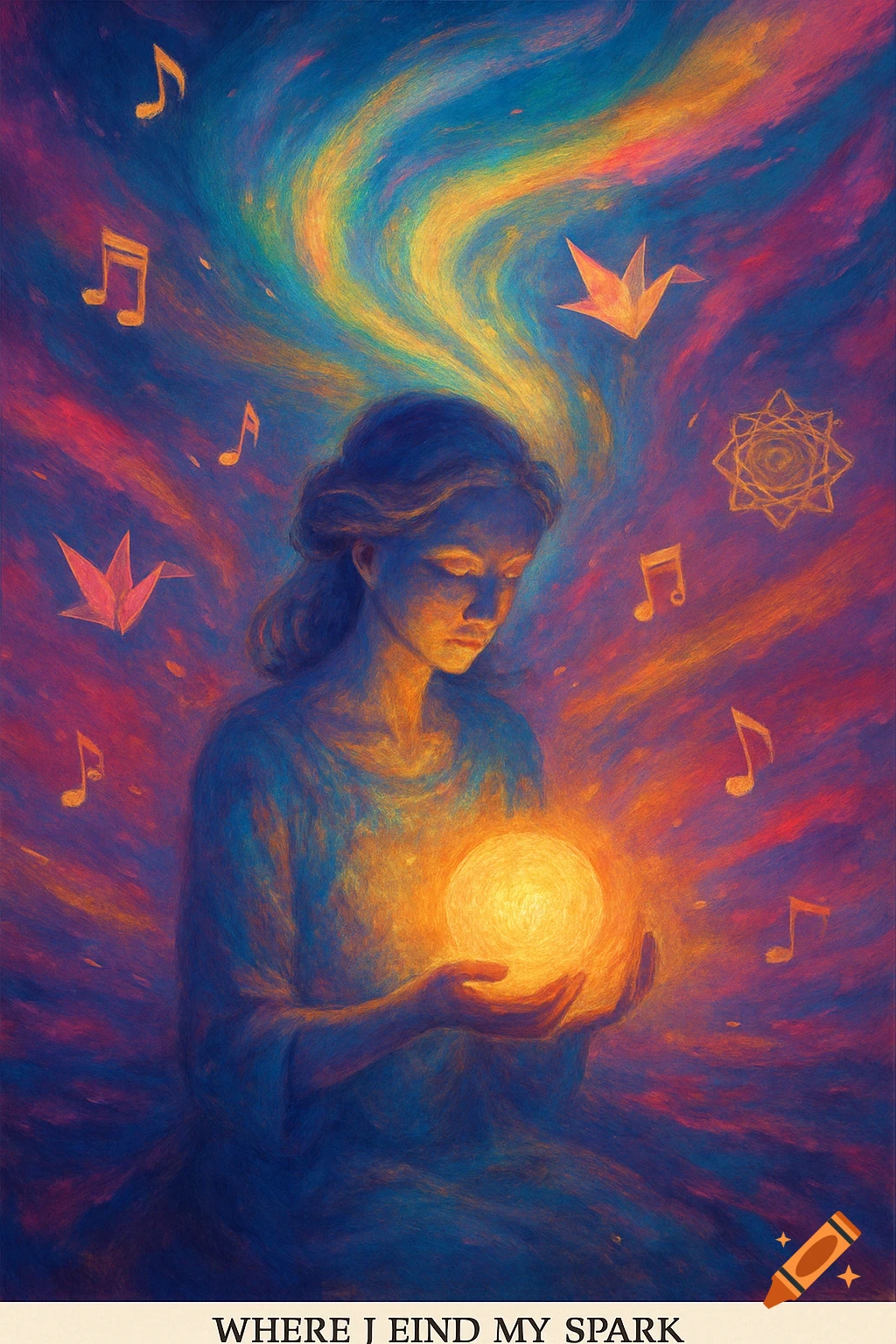 A woman holds a glowing orb, surrounded by swirling colors, musical notes, and origami figures in a vibrant, painterly style.