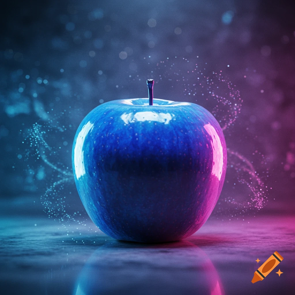 A blue apple with a pink glow on a reflective surface, surrounded by glowing particles in a dark, neon-lit environment.