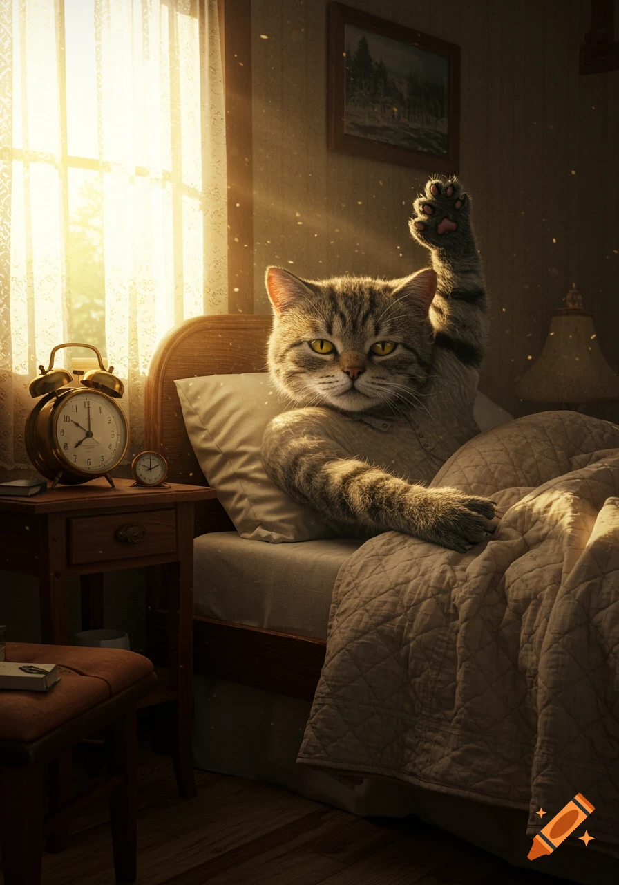 A photorealistic cat with a humanoid body wakes in bed, stretching a paw as sunlight floods the cozy bedroom with an alarm clock.