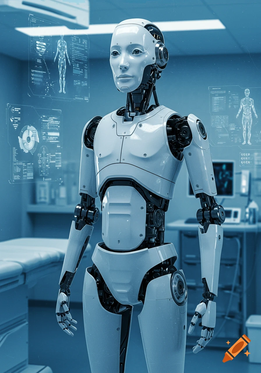 A white humanoid robot stands in a futuristic medical facility with holographic data displays.