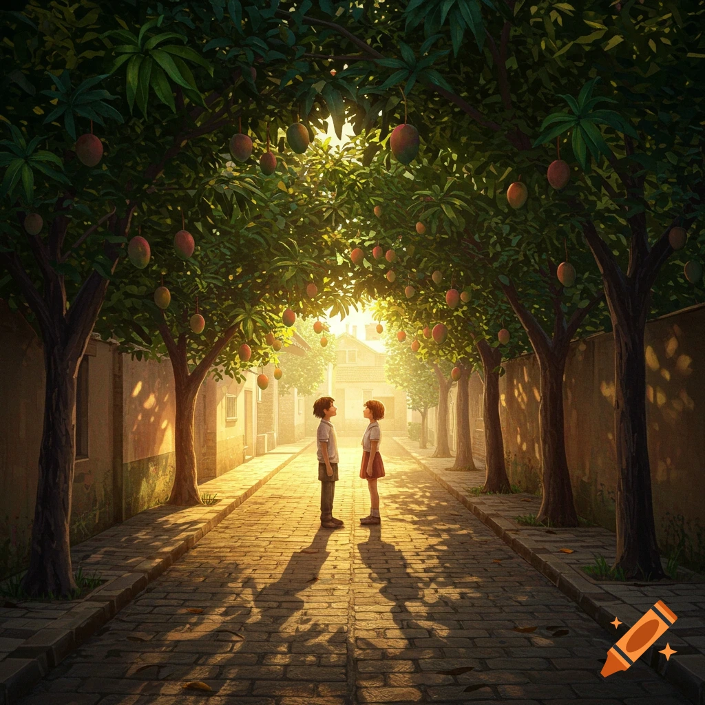 Anime illustration of two young people meeting in a sunlit alley lined with large mango trees.