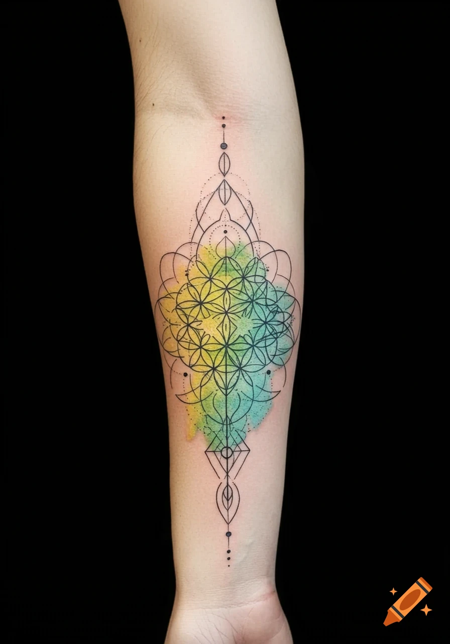 A fine line geometric and spiritual pattern tattoo with yellow, green, and blue watercolor accents on a forearm.