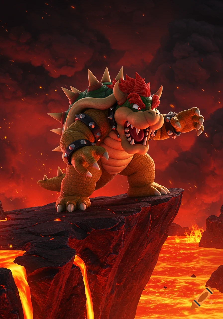 Bowser, a large spiked turtle-like creature, stands defiantly on a rocky cliff overlooking a river of lava, with a fiery red sky.