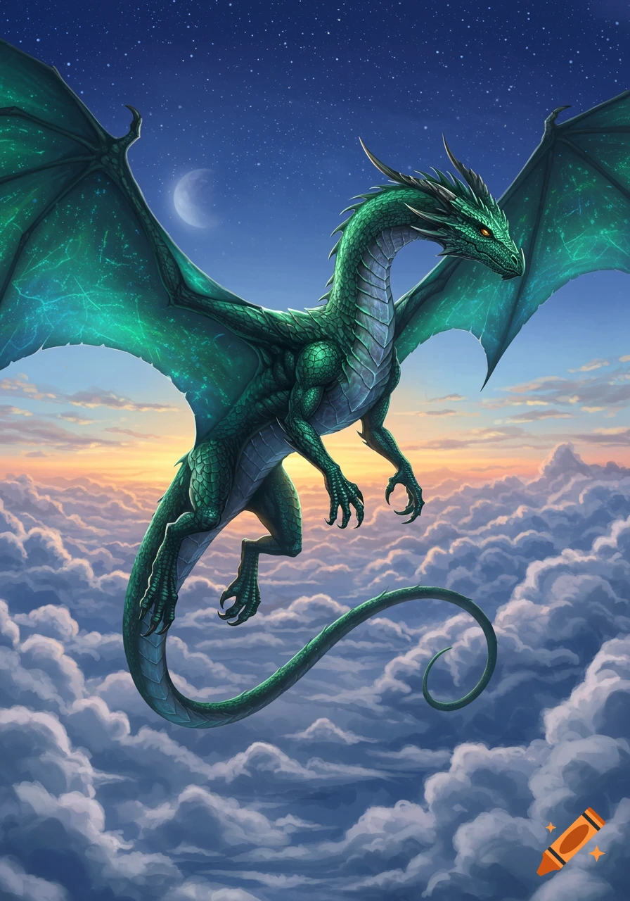 A majestic green dragon with large wings soars above clouds in a starry, moonlit sky at dusk.