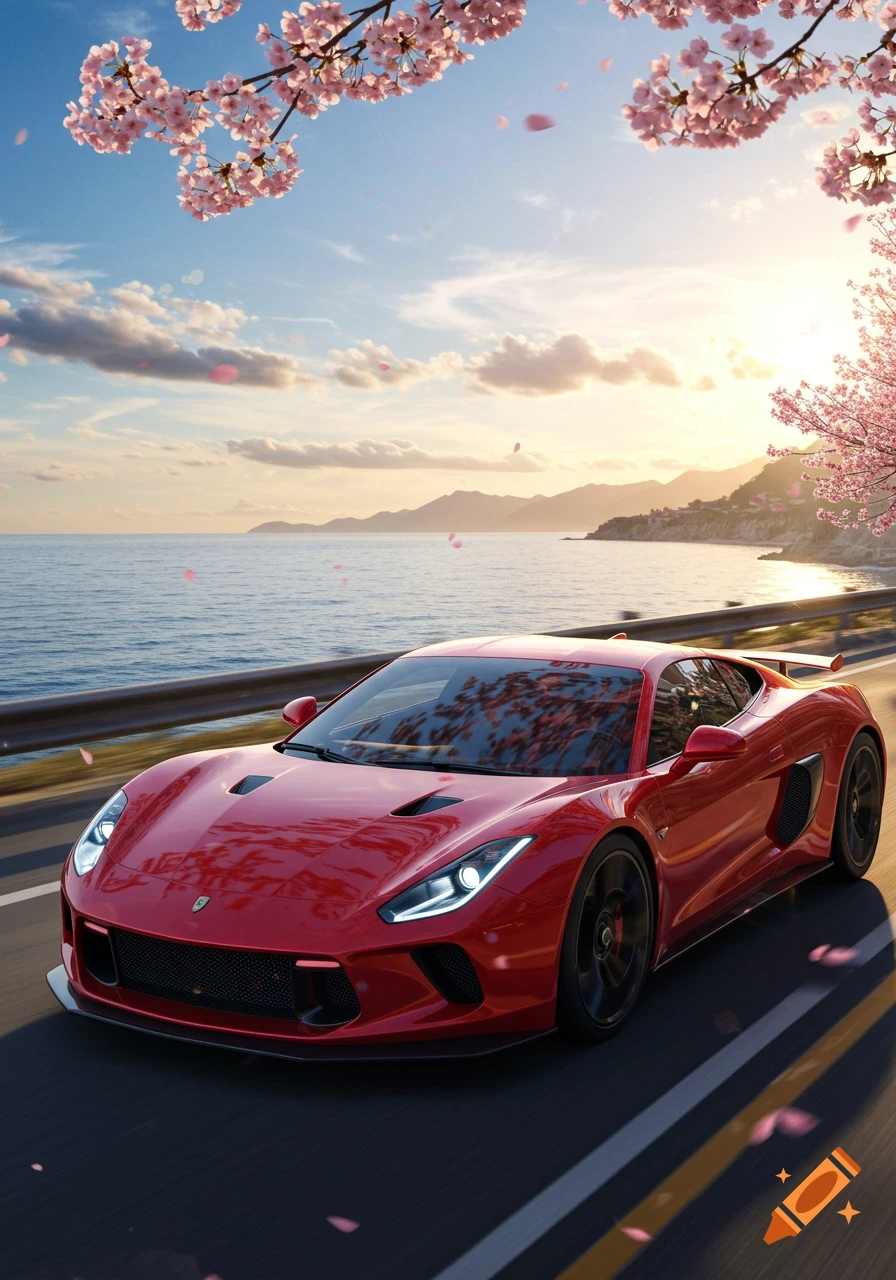 A photorealistic red sports car drives on a scenic coastal road at sunset under pink cherry blossoms.