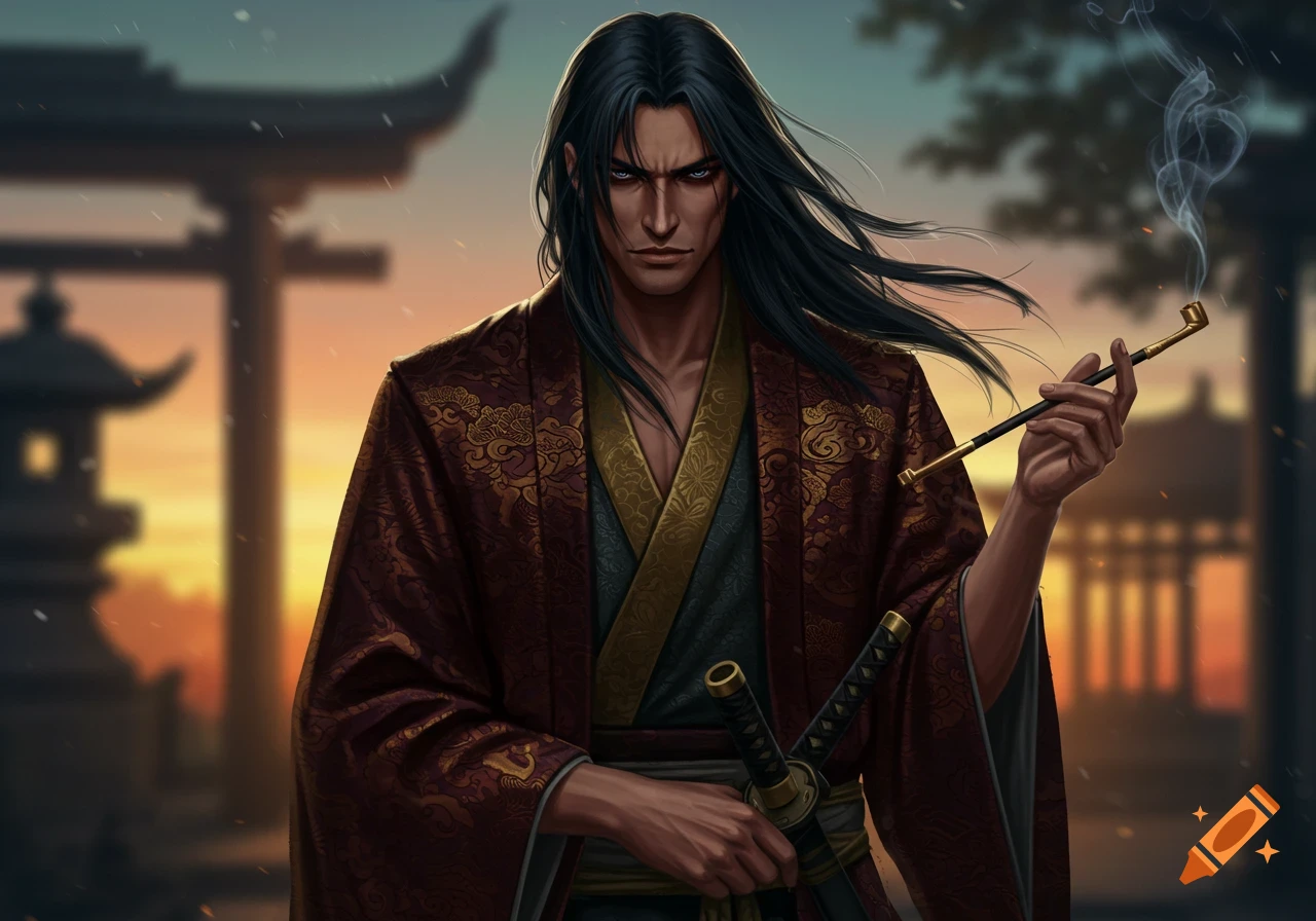 Masculine figure with long dark hair in a patterned kimono, holding a smoking pipe and katanas, against a sunset Japanese temple background.