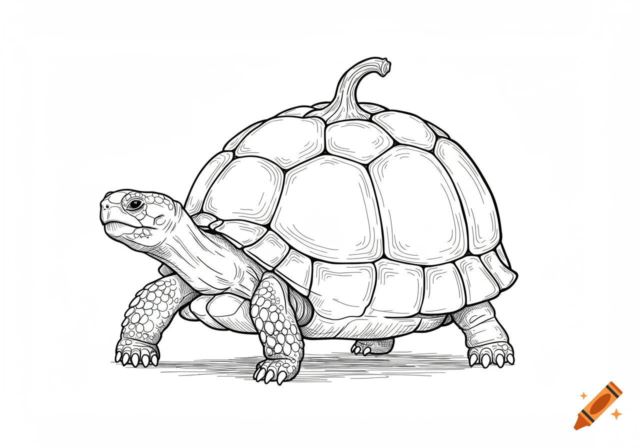 Black and white line drawing of a tortoise with a pumpkin for its shell, on a white background.