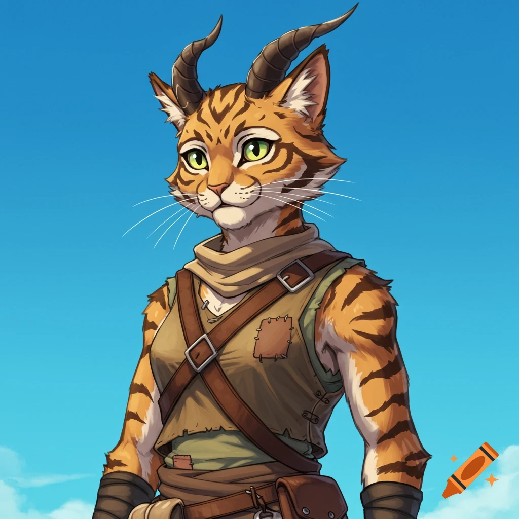 A feline humanoid with tawny stripes, horns, green eyes, and adventurer's gear, looking forward against a blue sky, anime style.