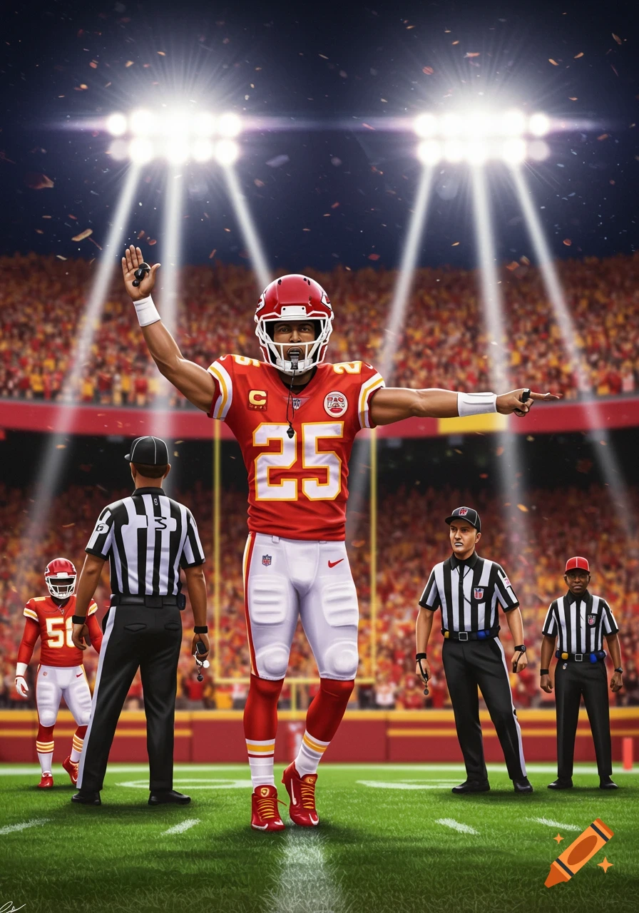 An illustration of a football player in a red jersey with number 25, surrounded by referees on a stadium field under bright lights.