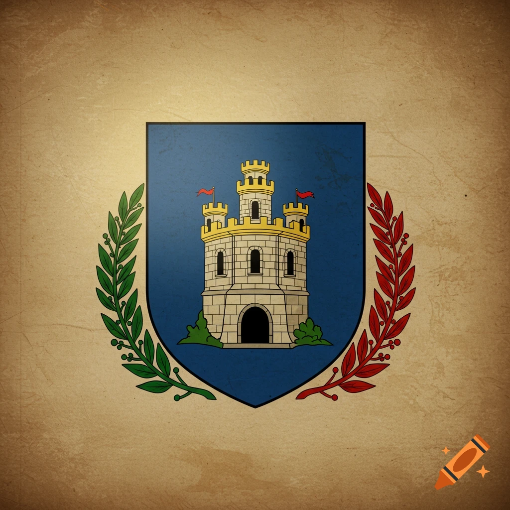 Stylized illustration of a coat of arms with a white castle on a blue shield, flanked by green and red laurel branches, on an aged paper background.