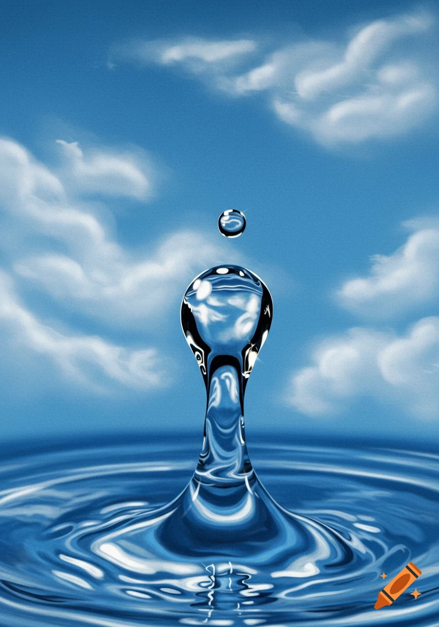 A large, clear water droplet falling into a pool of water, creating ripples, under a bright blue sky with white clouds.