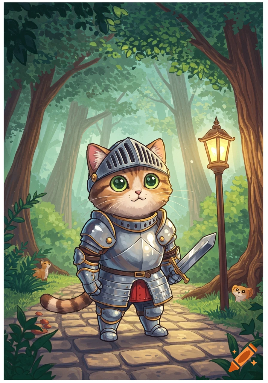 Cute cartoon cat knight in shiny armor holding a sword on a path in a magical forest with a glowing lantern.