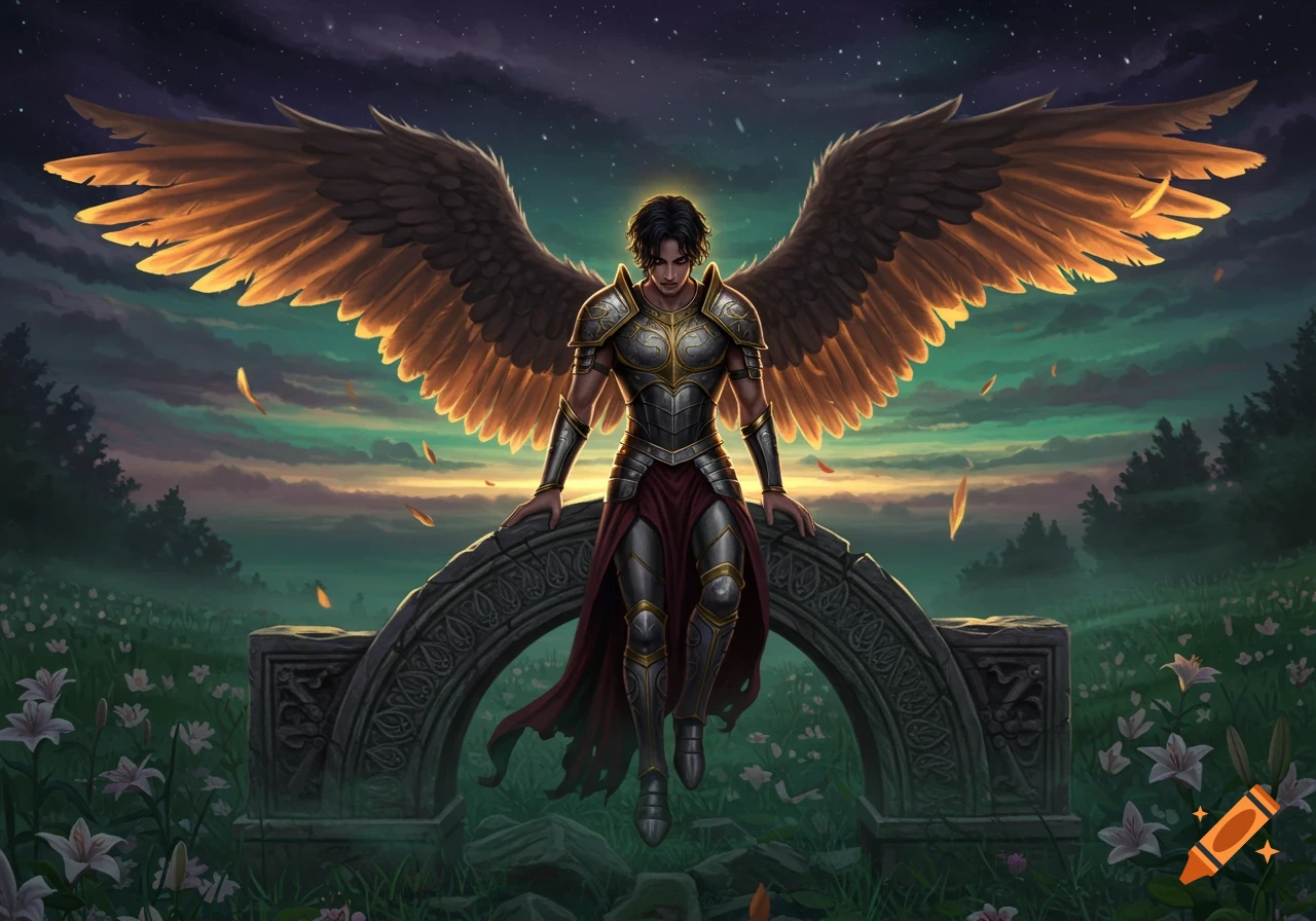 A male fallen angel in armor with large golden wings sits on a stone archway in a field of lilies at twilight.