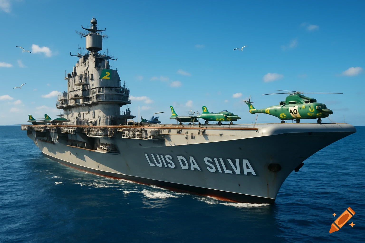 A large grey aircraft carrier with 'LUIS DA SILVA' on its bow, carrying green fighter jets and a helicopter, sails on the open blue sea.