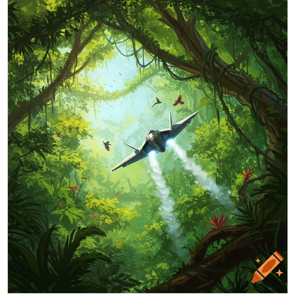 A futuristic jet aircraft ascends through a vibrant, lush green jungle with tropical birds flying nearby in an artistic style.