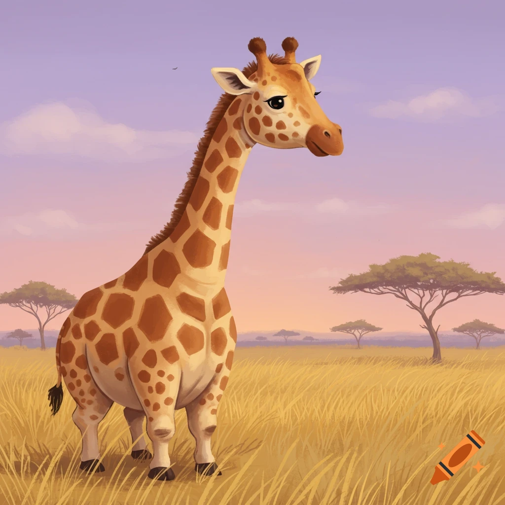 A cute cartoon giraffe stands in a grassy savanna under a purple and orange sky.