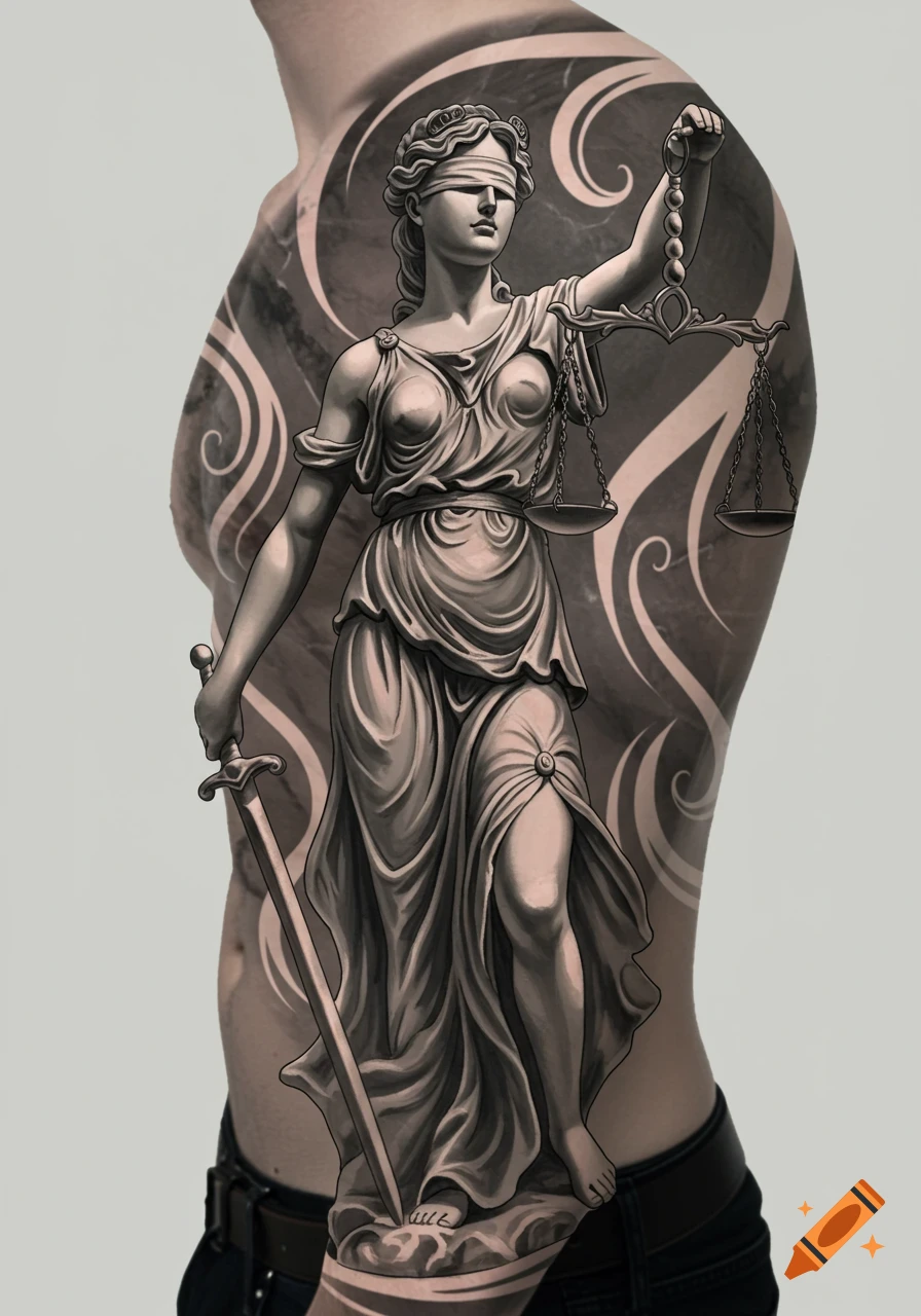 Black and white tattoo design of blindfolded Lady Justice holding scales and sword on a person's side, in classical marble statue style.