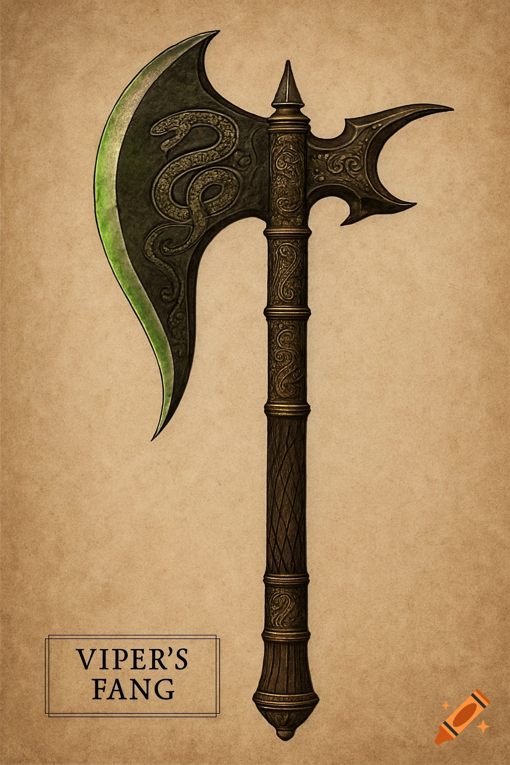 A fantasy axe with a green-edged blade, serpent motifs, and a dark wooden handle, on a parchment background with the label 'Viper's Fang'.