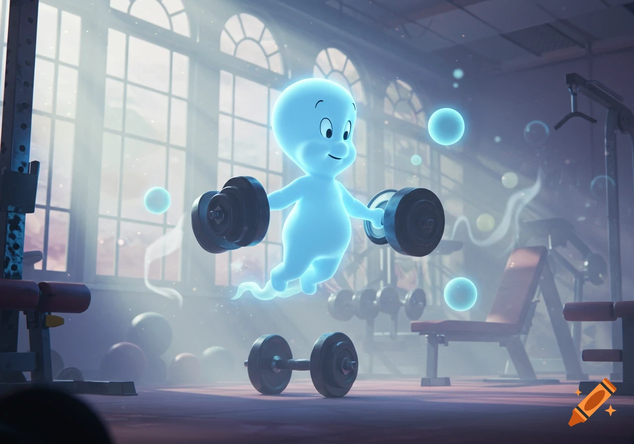 Casper the friendly ghost floats in a bright gym, happily lifting a dumbbell in each hand, with light streaming through large windows.
