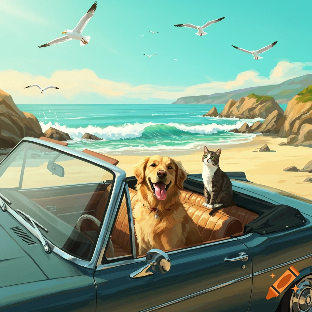A golden retriever and a tabby cat ride in a convertible on a sandy beach by the ocean, with seagulls flying above. Illustrated style.